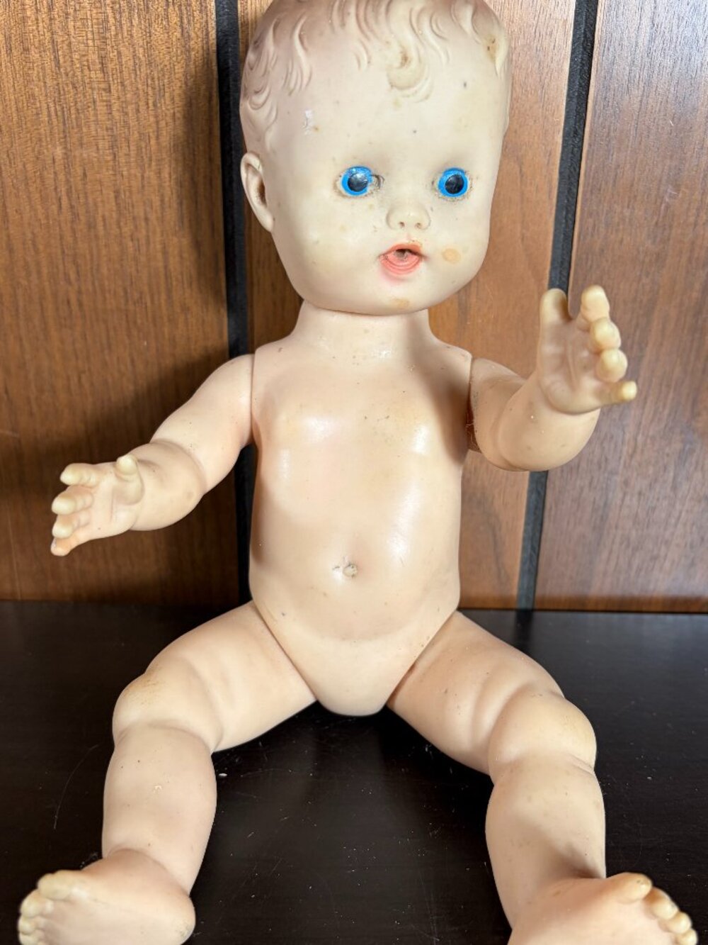 Vtg Baby Doll Drink And Wet 8" Rubber Face Molded Hair Blue Eyes Hong Kong